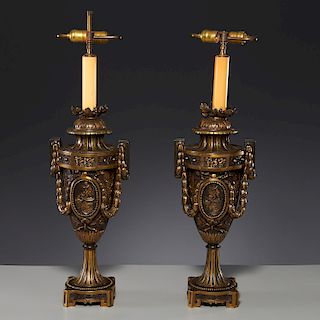 Pair Continental Neoclassic style bronze lamps