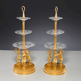 Pair Austrian gilt bronze and glass dessert stands