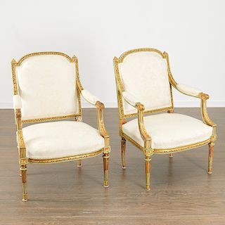 Pair Louis XVI style parcel giltwood fauteuils