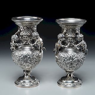 Pair Neoclassic style Derby silver plated urns