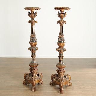 Pair large Italian Baroque style carved torchieres
