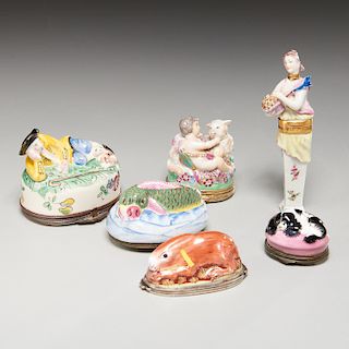 (6) antique Continental porcelain figural boxes
