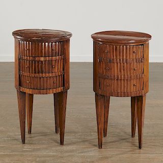 Pair Italian Neoclassic walnut drum side tables