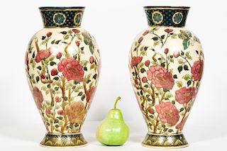 Pair, Zsolnay Japonesque Floral Motif Vases