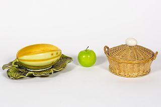 Two Sarreguemines Majolica Pieces, Basket & Melon