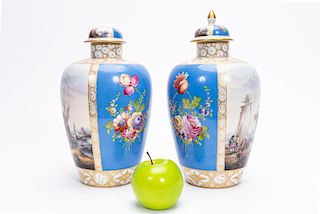 Pair, 19th C. German Carl Thieme Porcelain Urns