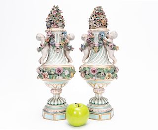 Pair, Early 20th C. Meissen Style Urns