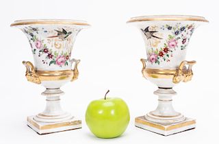 Pair, Old Paris Bird and Floral Porcelain Urns