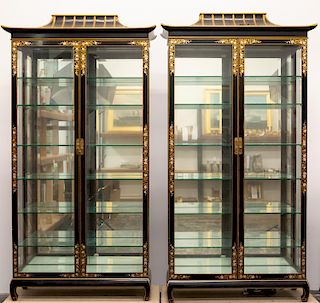 Pair, Black Lacquered Chinoiserie Display Cabinets