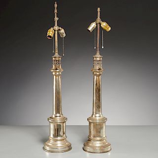Pair old mercury glass column lamps