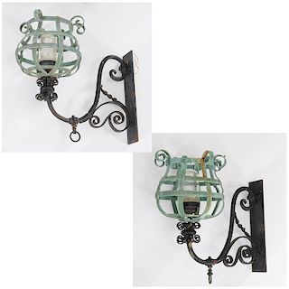 Pair large architectural wrought iron gas sconces
