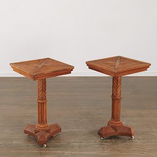 Pair English Aesthetic oak and rattan side tables