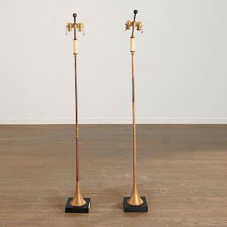 Pair Heraldic brass trumpet floor lamps
