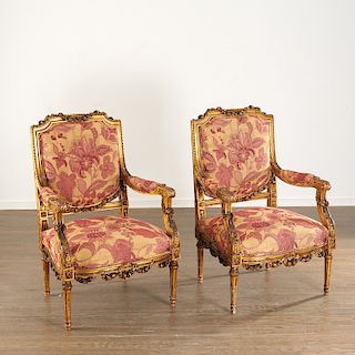 Pair Louis XVI style giltwood fauteuils