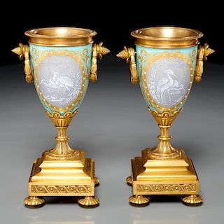 Sevres style bronze mounted pate-sur-pate urns