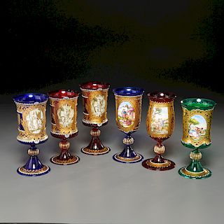 (6) Venetian enameled glass wine goblets