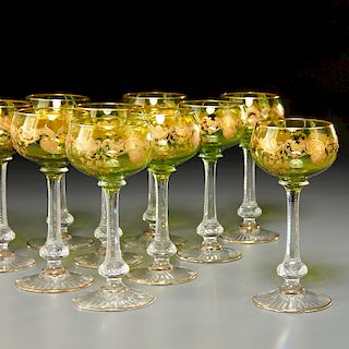 (11) Bohemian green stemware wine glasses