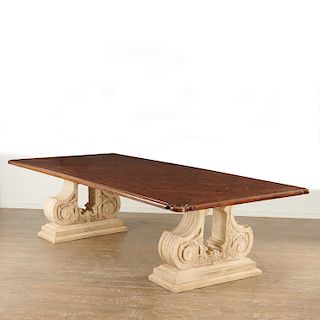 Large Neoclassical style oak topped dining table