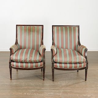 Pair Louis XVI style upholstered bergeres