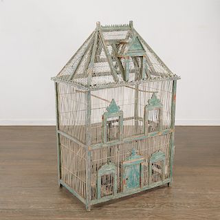Large French painted wood and wirework birdcage