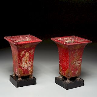 Pair French Empire red tole peinte urns