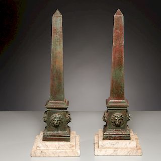 Pair large Neoclassic patinated metal obelisks
