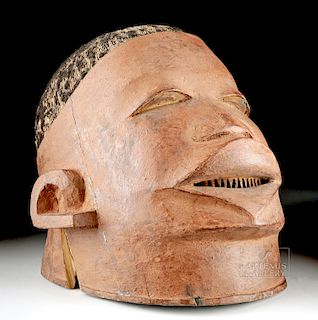 Mid-20th C. African Makonde Wooden Helmet Mask w/ Hair