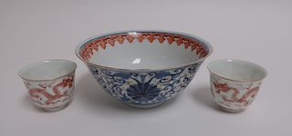 3 Chinese Porcelains - Bowl & Pr of Cups