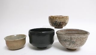 Four Japanese Pottery Bowls, Raku Chawan & Others