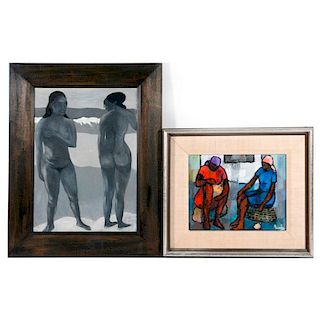 An oil on board of two nudes and an oil on canvas of two women.