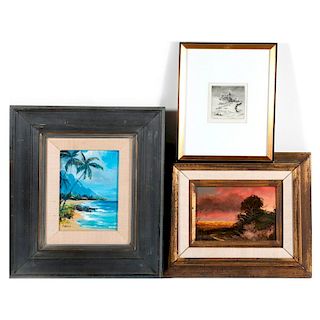 Two small landscapes and a lithograph.