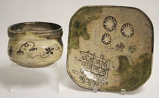 2 Japanese Oribe Pottery Vessels
