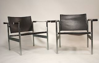 After Le Corbusier, Pair of Steel & Leather Chairs