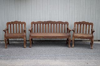Kingsley Bate Carved Teak Outdoor Bench and Chairs