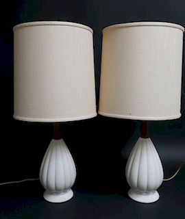 Pr. of Danish Modern Style Wood/Ceramic Lamps