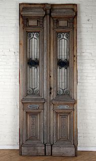 PAIR CARVED WOOD FRENCH DOORS IRON INSERTS C.1890