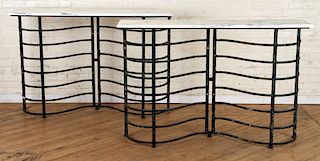PAIR IRON MARBLE WAVE FORM CONSOLE TABLES C.1900