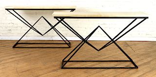 PAIR OF ANGULAR IRON AND PARCHMENT CONSOLE TABLES