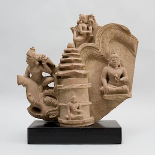Indian Carved Sandstone Jain Architectural Fragment with Jinas, Apsara and a Makara