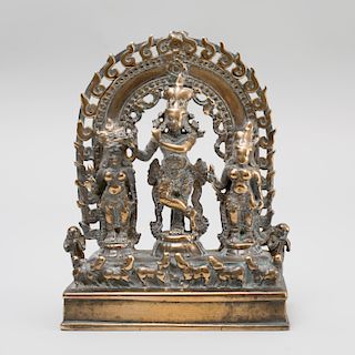 Indian Brass Shrine of Krishna Fluting (Venugopala) with Gopis and Cow Herd