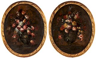 A PAIR OF 18TH CENTURY STILL LIVES WITH PARROT TULIPS, HONEYSUCKLES AND OTHER FLOWERS IN THE MANNER OF PIETER CASTEELS III (FLEMISH 1684-1749)