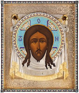 A RUSSIAN ICON OF THE MANDYLION (SPAS NERUKOTVORNY) WITH GILT SILVER AND CLOISONNE ENAMEL OKLAD, MOSCOW, 1891-1896