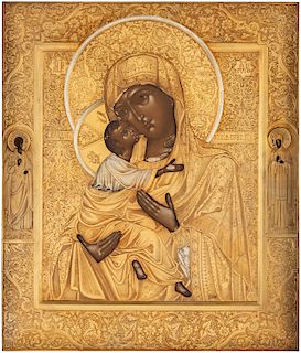 A RUSSIAN ICON OF THE VLADIMIRSKAYA MOTHER OF GOD, LATE 18TH-EARLY 19TH CENTURY, WITH GILT SILVER OKLAD, MOSCOW, 1908-1917