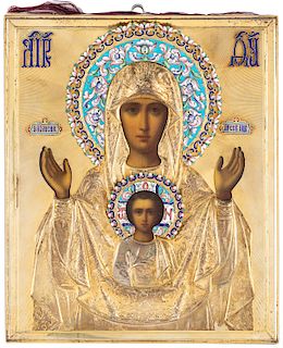 A RUSSIAN ICON OF OUR LADY OF THE SIGN WITH GILT SILVER, CHAMPLEVE AND CLOISONNE ENAMEL OKLAD, MOSCOW, 1908-1917