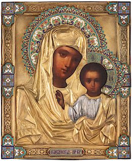 A RUSSIAN ICON OF THE KAZANSKAYA MOTHER OF GOD WITH GILT SILVER, CLOISONNE AND CHAMPLEVE ENAMEL OKLAD, MOSCOW, 1893