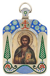 A RUSSIAN MINIATURE ICON OF CHRIST PANTOCRATOR WITH SILVER AND CHAMPLEVE ENAMEL FRAME, WORKMASTER PAVEL OVCHINNIKOV, MOSCOW, 1908-1917