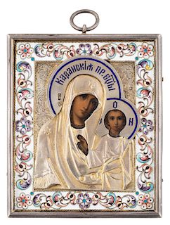 A RUSSIAN MINIATURE ICON OF THE KAZANSKAYA MOTHER OF GOD WITH GILT SILVER, SHADED CLOISONNE AND CHAMPLEVE ENAMEL, MOSCOW, 1908-1917