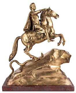 AN ORIGINAL 19TH CENTURY CASTING OF THE BRONZE HORSEMAN AFTER ETIENNE MAURICE FALCONET (FRENCH 1716-1791) 