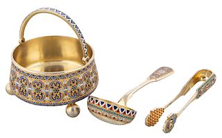 A RUSSIAN GILT AND ENAMEL SUGAR BOWL WITH SPOON AND TONGS, WORKMASTER GUSTAV KLINGERT,  MOSCOW, 1889