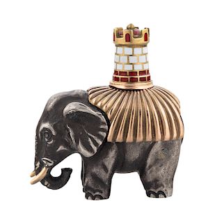 A RUSSIAN FABERGE GOLD AND SILVER ELEPHANT TOPPED BY AN ENAMEL TURRET, WORKMASTER MIKHAIL PERCHIN, ST. PETERSBURG, 1899-1903
